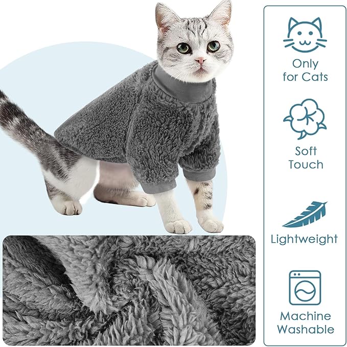 SUNFURA Sphynx Cat Sweater, Hairless Cats Turtleneck Pullover Kitten Sweaters for Cats Only, Warm and Soft Cat Pajamas Shirt with Sleeves Pet Winter Clothes Fleece Jumpsuit for Puppy, Grey L