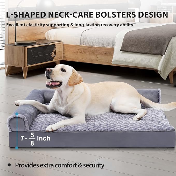 MIHIKK Orthopedic Dog Couch Bed Deluxe Plush L-Shaped with Waterproof Lining Bolster Dog Sleeping Sofa with Removable Washable Cover & Nonskid Bottom Pet Bed for Extra Large Dogs, Gray