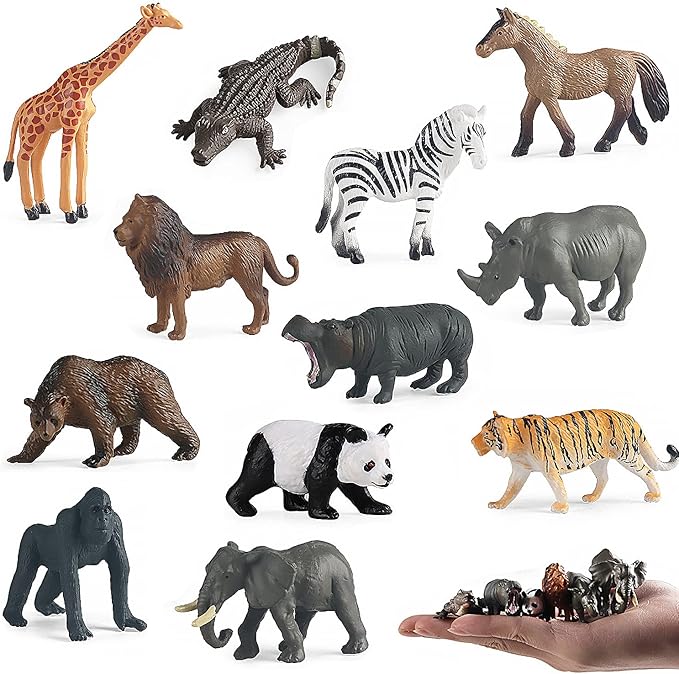 Mini Safari Animal Figures Toy - 12PCS Plastic Tiny Forest Jungle Zoo Will Animal Figurines Cake Toppers Party Favor for Kids