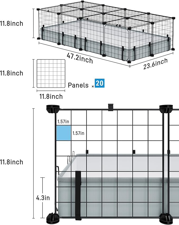 BUCATSTATE 20 Panels Guinea Pigs Cages, Small Animal Playpen with Waterproof Mat, 47" L*24" W*12" H Metal Hedgehog Enclosure with Door, C&C Cage for Bunny Rabbit Chinchillas