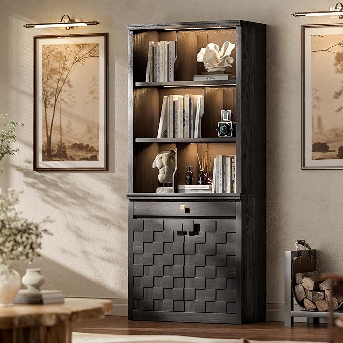 Fluted Bookcase with LED Light Set of 2, 72.2" Tall Standing Bookshelf with Drawer and Doors, Modern Storage Book Case Suite with 6-Tier Open Shelves for Office, Living Room, Bedroom (2, Black Oak)
