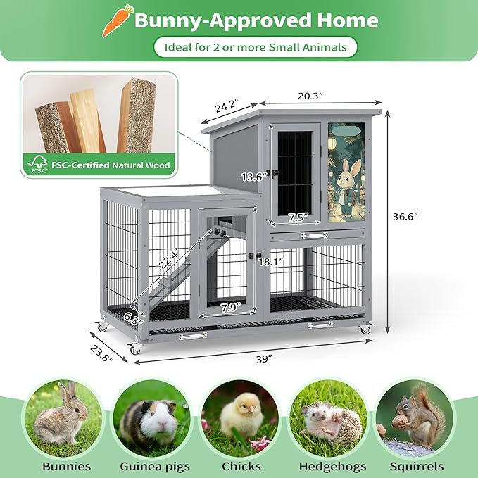 COZIWOW Rabbit Hutch Indoor with Wire Bottom, 2-Level Large Wooden Bunny Cage on Wheels Outdoor for Multiple Small Animals, Grey + Colorful Patterns