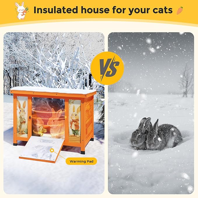 COZIWOW 24inches Insulated Cat House Outdoor Heated Indoor Small Animal House,Rabbit Cage Outdoor,Suitable for Small Cats, Rabbits, with Warm Liner for Winter(Orange with Warm)