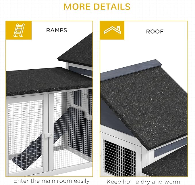 PawHut 83" L Outdoor Rabbit Hutch, Guinea Pig Cage Indoor Outdoor Wooden Bunny Hutch with Double Runs, Weatherproof Roof, Removable Tray, Ramps, Dark Gray