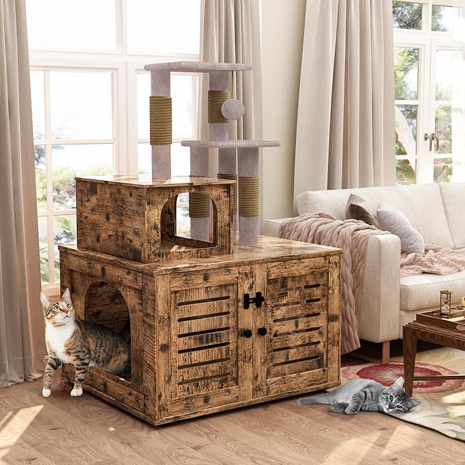 DKLGG Cat Tree with Litter Box Enclosure, Modern Cat Condo, Indoor Cat Tower with Litter Box Enclosure Wood House w/Sisal Scratching Post, Plush Perch Platform & Divided Condo (Rustic Brown)