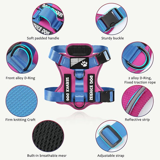 Demigreat Service Dog Harness, Reflective Dog Vest Harness with 5 PCS Patches, Adjustable Soft Oxford Pet Harness, Inner Layer Mesh, Easy to Control for Small Medium Large Dogs