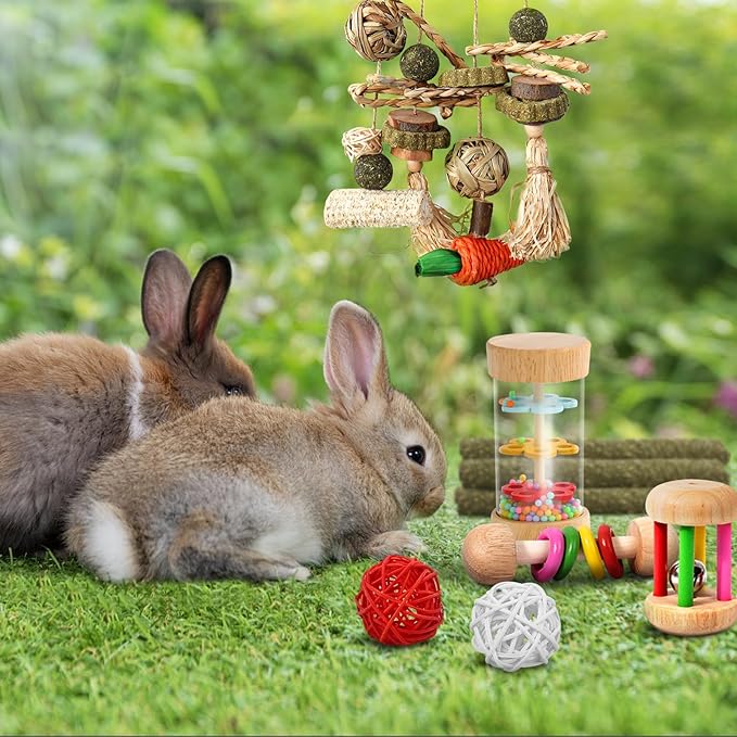 15PCS Rabbit Toys for Bunnies Boredom Enrichment with Chinchilla Hamster Rat Guinea Pig Bunny Toys for Rabbits Indoor Wooden Hanging Bunny Rabbit Chew Toy for Teeth Keep Busy Grass Sticks Treat Balls