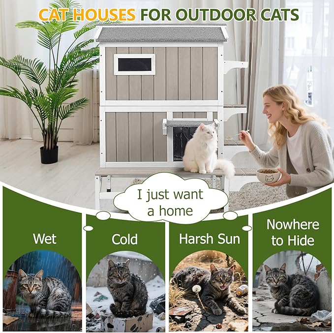 Outdoor Cat House Weatherproof with Balcony Outside Wooden Feral Cat Shelter with 3 Jumping Platforms and Openable Asphalt Roof for Cats and Small Animals