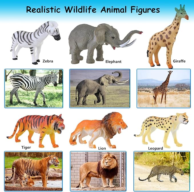 Lchen Safari Animals Figures, 4" Zoo Safari Plastic Figurine Model Decoration with Tiger Leopard Lion Giraffe Zebra Elephant (Pack of 6)