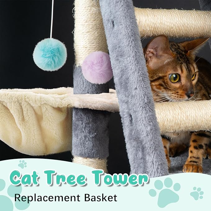 3 Pack 14.6" Large Cat Tree Hammock Basket Bed Lounger Tower Replacement Parts with 6 Pcs Hanging Elastic Strings Pom Pom Toys, Cat Tree Accessories Hammock Attachment (Beige)