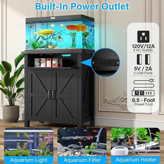 20 Gallon Fish Tank Stand with Power Outlets, Farmhouse Decorative Aquarium Stand Furniture with Adjustable Shelves, 10-20 Gallon Reptile Turtle Tank Stand with Cabinet Storage (Black, 20GL)