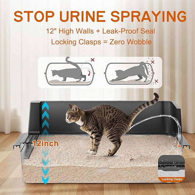 Stainless Steel Litter Box - 28" Extra Large XXXL Cat Litter Box with High Sides, Non-Sticky & Anti-Leakage for Big Cats/Multiple Cats, Includes Heavy Duty Metal Scoop (Black)