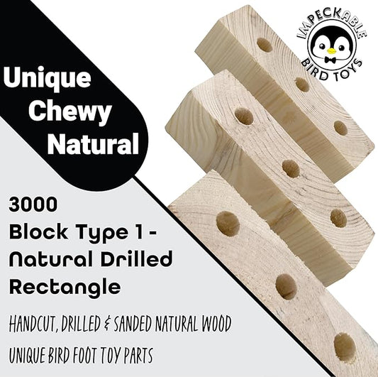 3000 Block Type 1 Natural Drilled Rectangle Kiln-Dried Spruce Pine Fir 3-Hole Chewable DIY Block Handcrafted for Medium Size Birds