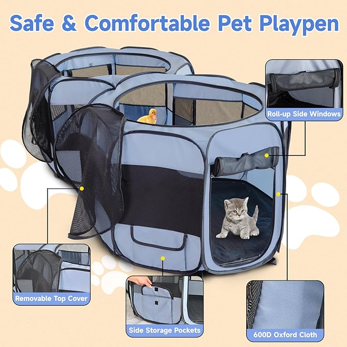 EighteenTek Small Animals Playpen Pop up Small Pet Cage Enclosure Tent Chick Run Brooder Coop Foldable Kennel for Kitten Ferret Puppy Guinea Pig Rabbit Hamster Chinchillas(No Divider, Unified Space)