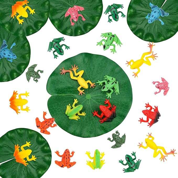 24 Pieces Mini Plastic Frog Toys and Artificial Lily Pads, Include Colorful Realistic Frogs Rainforest Animals Figures Character Toys and Floating Foam Leaves for Pool Decor Party Favor