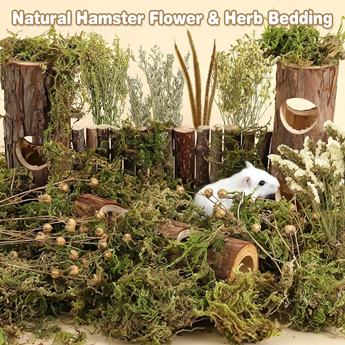 Fhiny Natural Hamster Bedding, Flower & Herb Hamster Bedding Mate Hamster Sprays Gerbil Habitat Decor Accessories for Dwarf Syrian Hamster Gerbil Mouse Mice Degus Lemming or Other Small Pets