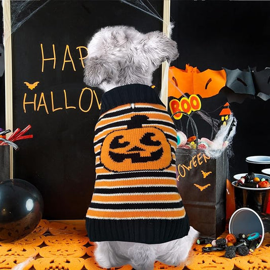 BAEJMJK Cute Halloween Dog Sweater Soft Striped Pumpkin Puppy Sweaters with Leash Hole Warm Turtleneck Pet Dog Clothes Costume for Small Medium Large Dogs Cats(Small)