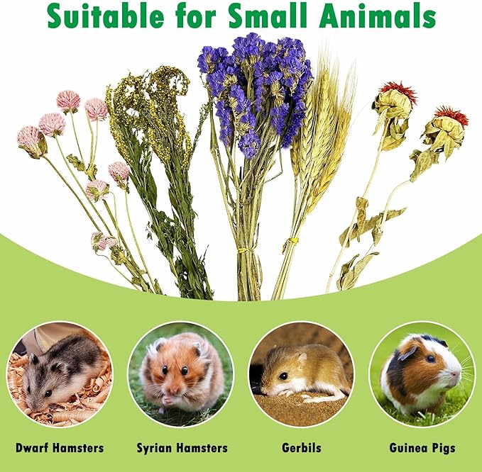 PINVNBY Natural Flower & Herb Hamster Bedding Habitat Decor Grain Guinea Pig Bedding Hamster Sprays Hamster Cage Accessories for Guinea Pig Dwarf Syrian Gerbils Mice Mouse Rat (Flower & Grain Version)