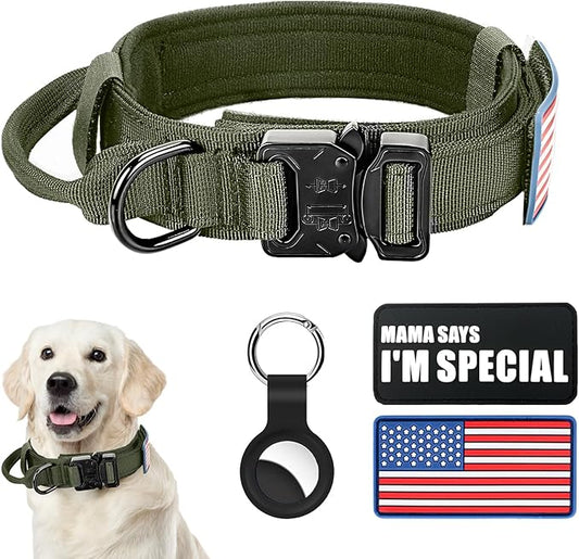 Tactical Military Dog Collar - Adjustable Nylon, Heavy Duty Metal Buckle with Handle for Training, Patches (Green, XL)