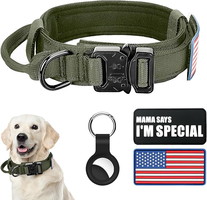 Tactical Military Collar - Adjustable Nylon, Heavy Duty Metal Buckle with Handle for Dog Training, with Patches (Green, M)