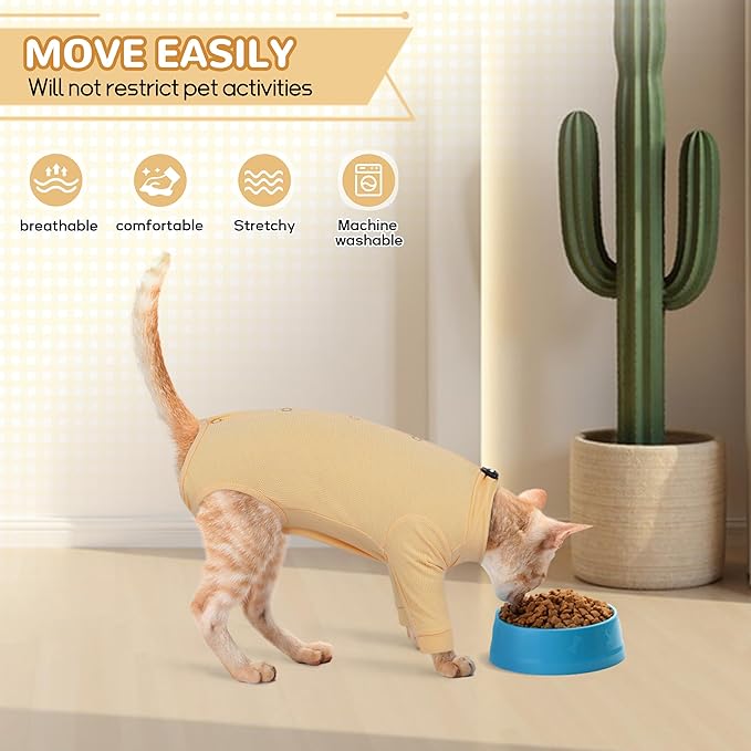 PUMYPOREITY Adjustable Cat Recovery Shirt, Front Leg Injury Suit, Stretchable & Comfortable, Anti-Licking Long Sleeve Wound Cover, Prevents Scratching & Biting, Machine Washable, Orange, S