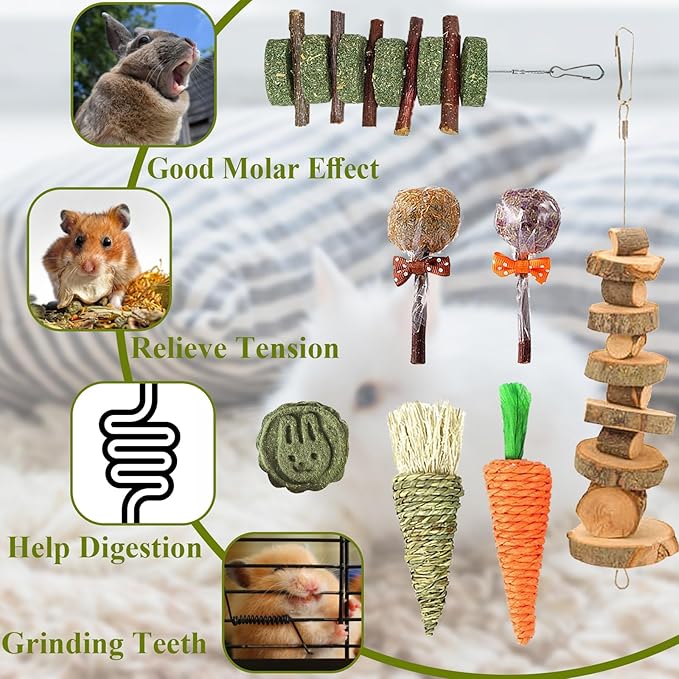 Rabbit Chew Toys for Teeth, Natural Wood Sticks Timothy Grass Chew Bunny Treat Toys for Rabbit Guinea Pig Hamster Chinchilla Gerbil