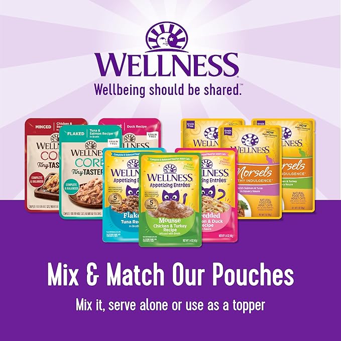 Wellness CORE Tiny Tasters Minced Adult Wet Cat Food, Natural, Protein-Rich, Grain Free, 1.75-Ounce Pouch, 12 Pack, (Chicken & Beef)