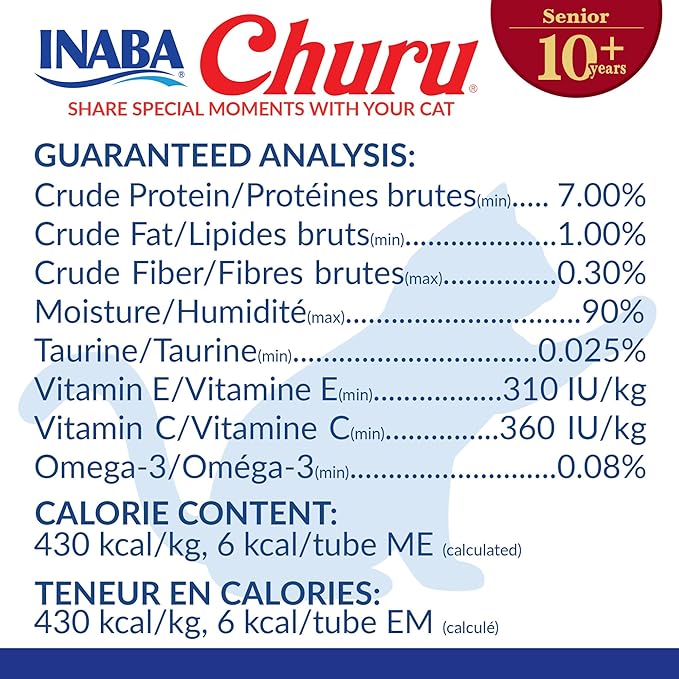 INABA Churu for Senior 10+, Creamy Lickable Cat Treats with Taurine, Vitamin E & C, 0.5 Ounces Each, 24 Tubes (4 per Pack), Tuna Recipe