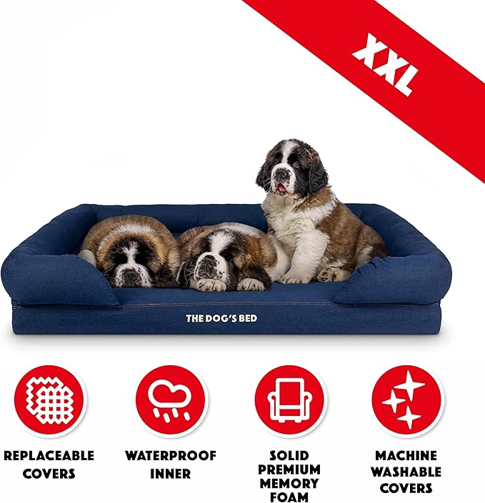 The Dog’s Bed, XXL Blue Denim51.5x39, Memory Foam, Pain Relief: Arthritis, Hip & Elbow Dysplasia, Post Surgery, Lameness, Supportive, Calming, Waterproof Washable Cover, Veterinary Approved