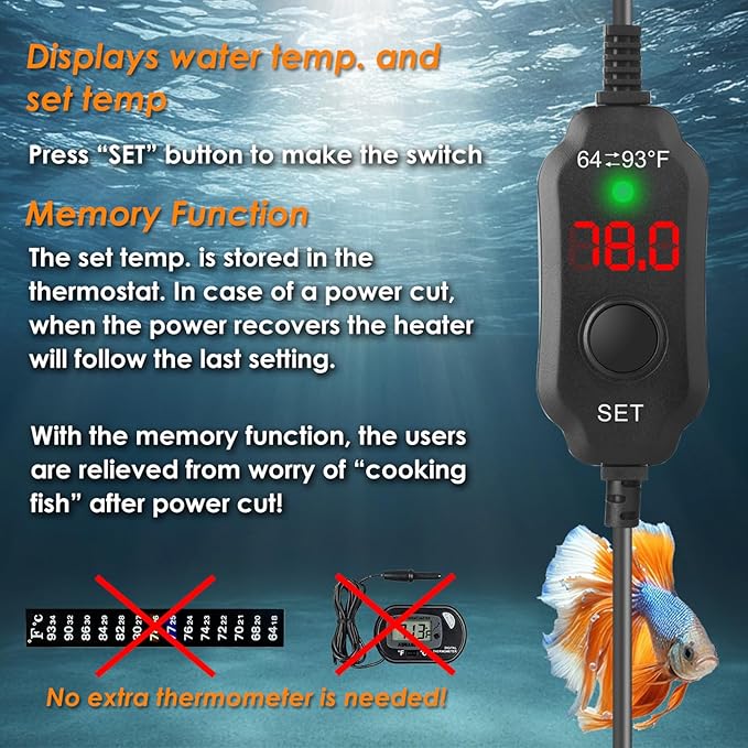 AquaMiralce 50W Aquarium Heater with Compact Size, Submersible Fish Tank Heater with LED Digital Display Thermostat, Adjustable Fish Heater Turtle Heater for 5-10 Gallon Tanks