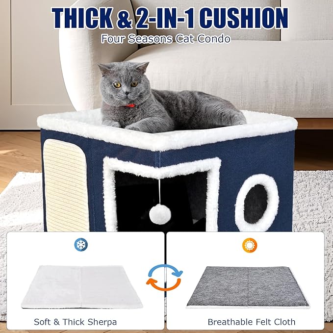 Cat Beds for Indoor Cats - Foldable Cat Hideaway with Hanging Fluffy Ball and Scratch Pad, Large Cat Bed Cave with Reversible Cushion for Multi Small Pet Kitten, Blue