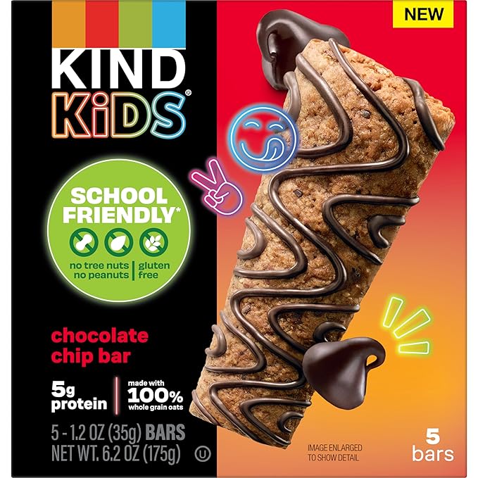 KIND Kids Snacks, Chocolate Chip Bar, Tree Nut and Peanut Free, Gluten Free, Whole Grains and Oats, 5g Protein, 5 Count