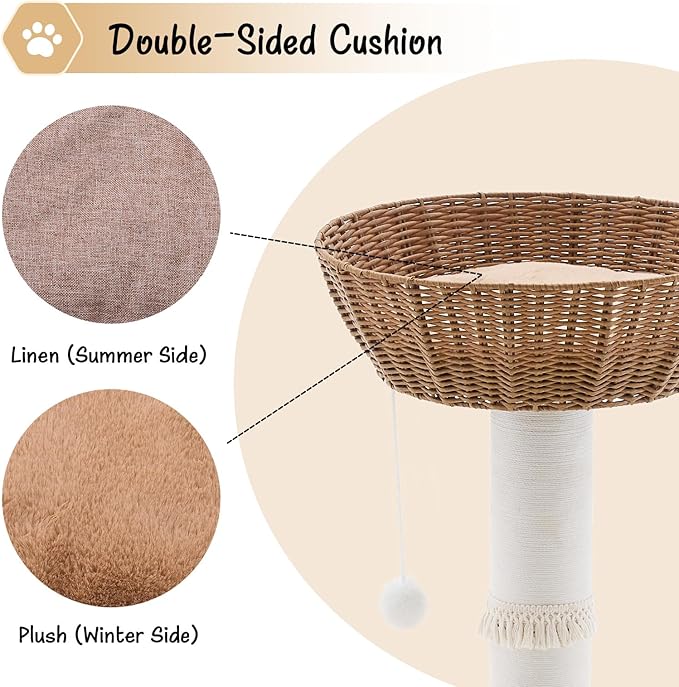 Cat Tree Tower, Handwoven Cat Condo with Nest Basket Bed, Cotton Scratching Post, Funny Hanging Toy Ball, 2 Sides Cushion Top Perch, Rattan