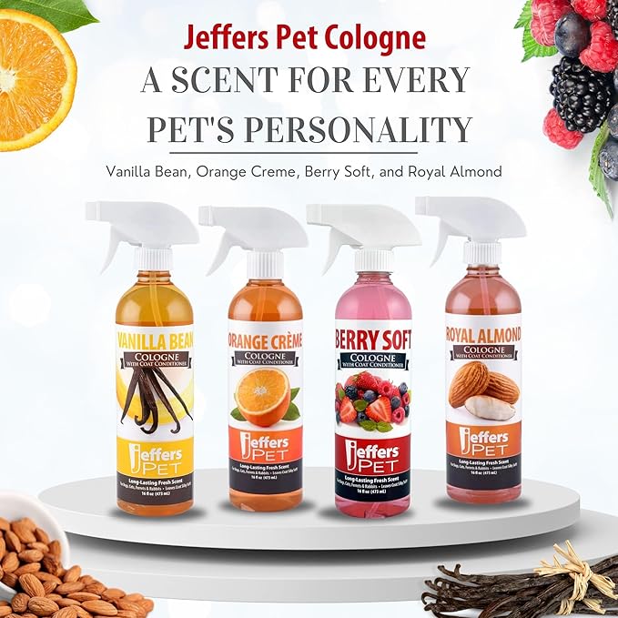 Jeffers Pet Cologne Spray with Coat Conditioner for Dogs & Cats, Berry Soft - Detergent & Soap Free Grooming Fragrance Mist, Deodorizer, Freshener, Safe for Pets, Salon, Home Use - 16 oz