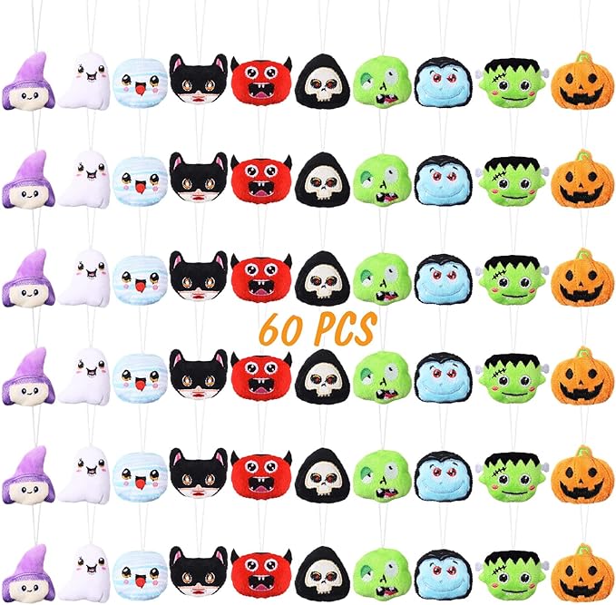 Libima 60 Pcs Halloween Plush Toy Bulk Mini Stuffed Animals Halloween Plush Keychain Set for Trick or Treat Carnival Birthday Party Favors Gifts Classroom Prizes
