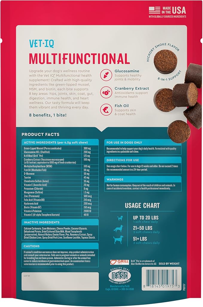 VetIQ 8-in-One Multifunctional Supplement for Dogs, Supports Hip & Joint, Urinary Tract, Immune System, Skin Health and Heart Health, Soft Chews, Made in the USA, 60 Count