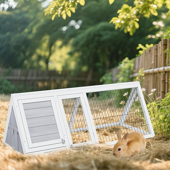 Wooden Rabbit Run Cage Indoor,A-Frame Bunny Playpen House Outdoor,Small Bunny Hutch with Ventilating Wire Fence for Puppy Rabbits (Grey)