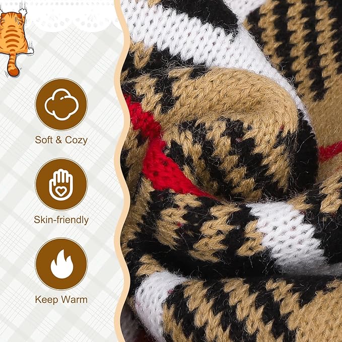 EXPAWLORER Cat Sweater Cardigan - Stylish Knit Cat Clothes, Plaid British Style Soft Puppy Sweater with Sleeve, Warm Pet Clothing Knitwear, Fall Winter Kitten Coat for Girl Boy Cats, Beige M
