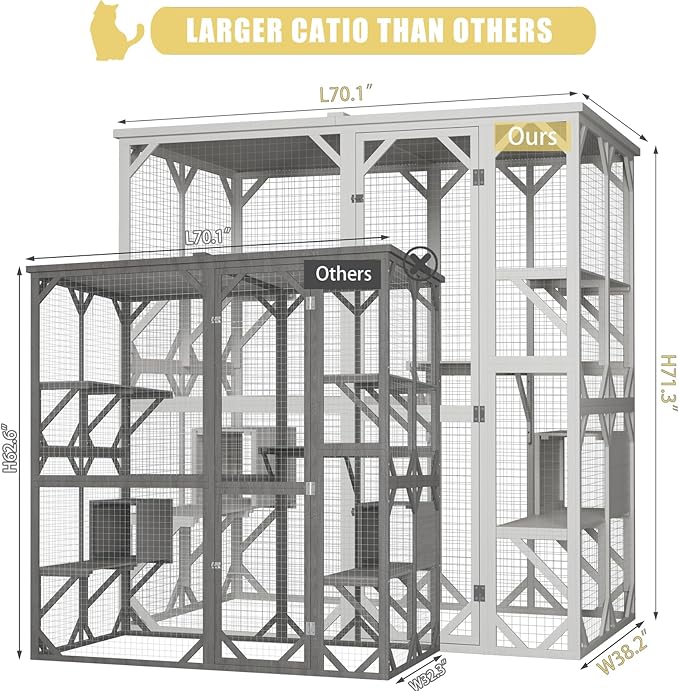 ROOMTEC Outdoor Catio with Roof 71.3" Height Large Wooden Cat Enclosure with 3 Jumping Platforms and 2 Napping Houses Cat Cage for Cat Activity (White)