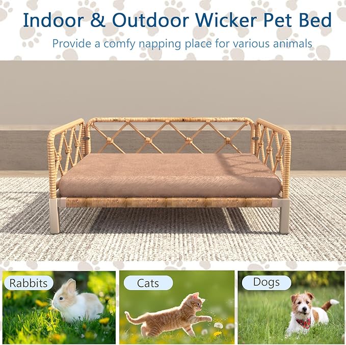 Wicker Dog Bed with 2" Cushion,Rattan Dog Sofa Bed for Small Medium Dogs– Indoor/Outdoor Metal Frame Pet Bed up 66lbs (Brown Rattan Brown Cushion)