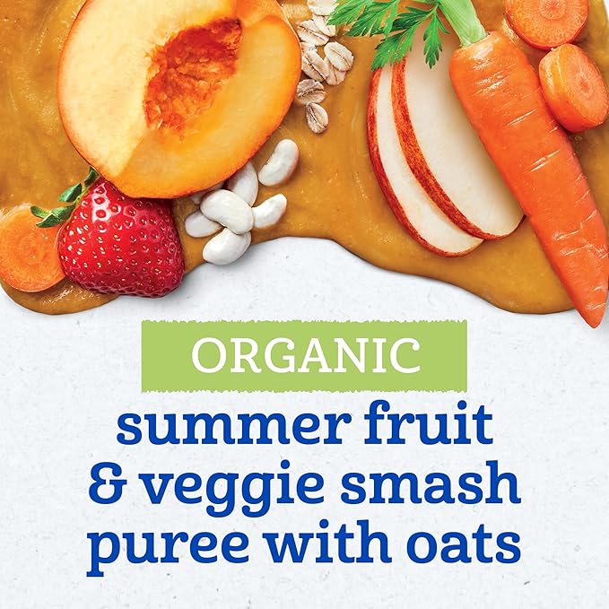 Gerber Toddler Food, Organic Summer Fruit and Veggie Smash Puree Pouch, Toddler Pouches, No Added Sweetener, No Artificial Flavors, 12-Pack
