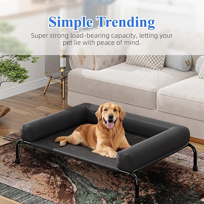 Simple Trending Elevated Dog Bed for Large Dogs, Cooling Raised Dog Cot with Bolsters, Breathable Pet Bed for Outdoor, 47.75" x 31", Black