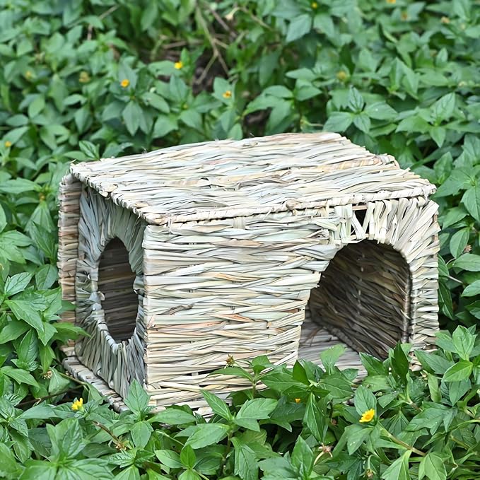 WUWEOT 2 Pack Large Grass Bunny House, Foldable Rabbit Hut, Play Hideaway Bed Hay Mat Chew Toy for Rabbit, Guinea Pigs, Gerbils, Hamster and Small Animals, 11"x8"x8"
