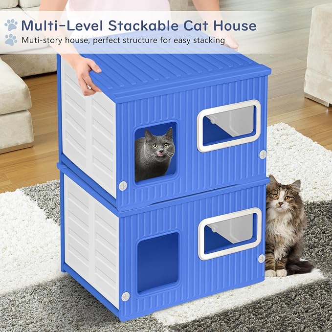 Plastic Cat House for Outdoor Indoor Use, Stackable Feral Cat Shelter Indoor Cat House Weatherproof Waterproof Elevated, with 2-Sided Cushion (Blue White)