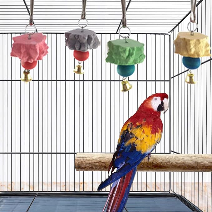 Bird Grinding Beak Calcium Stone with Bell,Rat Mineral Lava Block Trimming Teeth Chewing Toys for Chinchilla Bunny Budgie Cockatiel Parakeet Parrot 6-Pcs(Random Delivery of Color)