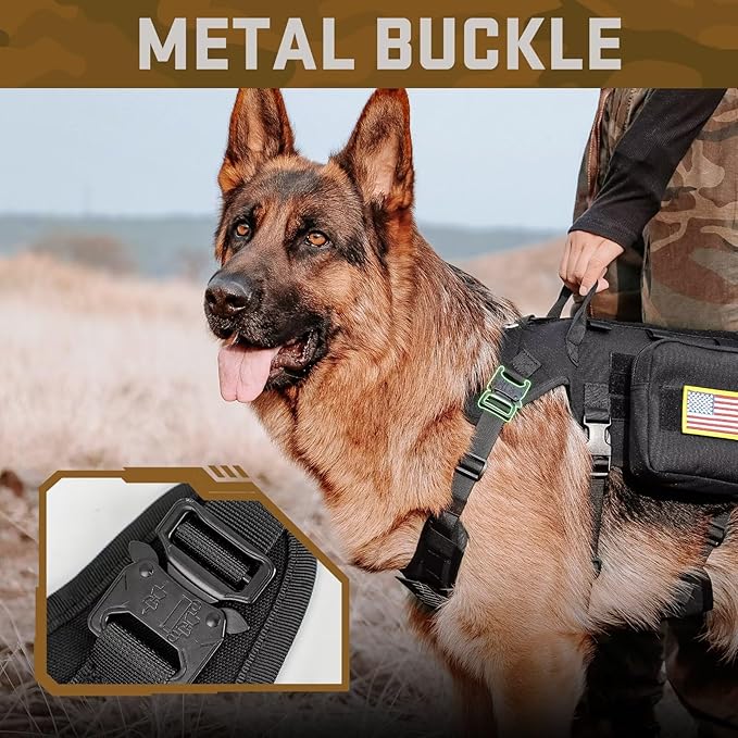 Forestpaw Tactical Dog Harness for Large Dogs,Tactical Dog Collar with Bungee Leash Set,No Pull Military Dog Harness for Walking Training,Adjustable for Medium Large Dogs,Black,Chest 19.5-41.5"