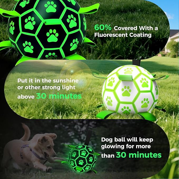 QDAN Premium Glow in The Dark Dog Toys, Dog Ball with Straps, Soccer Ball for Dogs, Outdoor Dog Toys, Pet Birthday Toys, Puppy Essentials for Small to Medium (6Inch)