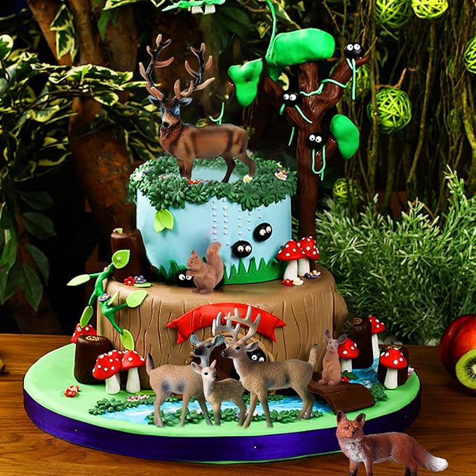 SIENON 7Pcs Forest Animals Figures Toys, Woodland Animals Figurines, Miniature Animals Toys with Deer Family, Elk, Fox, Rabbit, Squirrel for Woodland Theme Cake Cupcake Toppers Christmas Party Décor