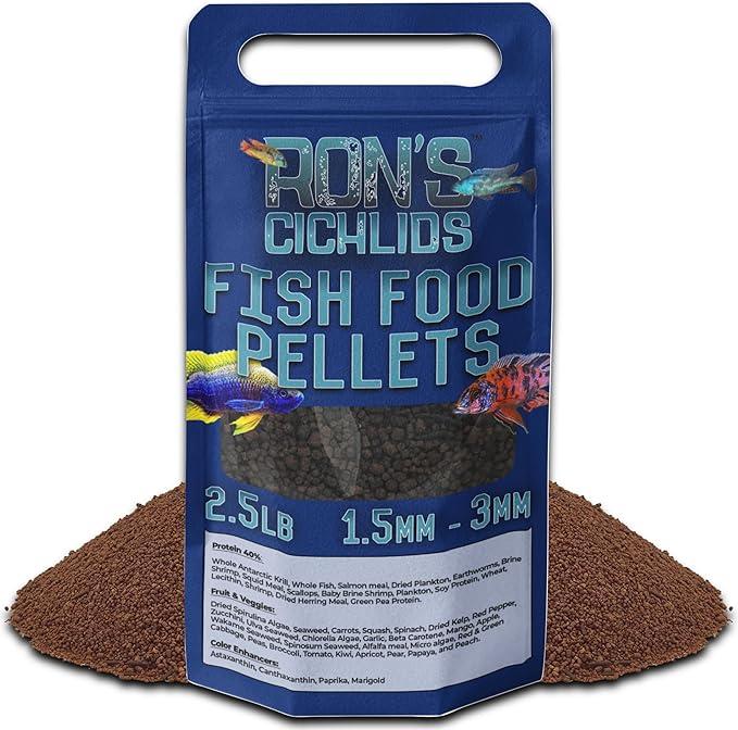 RON'S CICHLIDS African Cichlid Fish Food, Premium Tropical Fish Food Pellets with Protein, Veggies & Fruits for Healthier, Brighter & Bigger Tropical Fish & Cleaner Tanks, Mbuna Blend, 2.5 LB