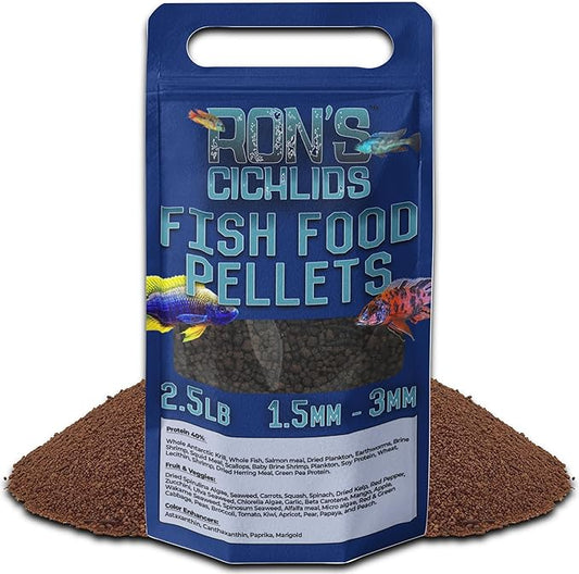 RON'S CICHLIDS African Cichlid Fish Food, Premium Tropical Fish Food Pellets with Protein, Veggies & Fruits for Healthier, Brighter & Bigger Tropical Fish & Cleaner Tanks, Mbuna Blend, 2.5 LB